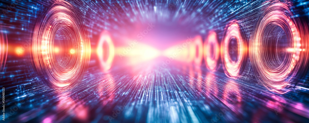 Poster futuristic technology corridor with neon light effects and digital data streams in vibrant colors cr