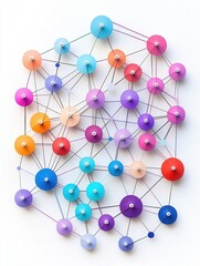 Obraz premium Paper cutout of a business network with connected nodes, representing collaboration and communication, intricately layered and colorful, isolated on white with room for text