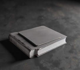 Isolated blank book sitting on a dark grey surface,  desk item,  no writing,  no pages