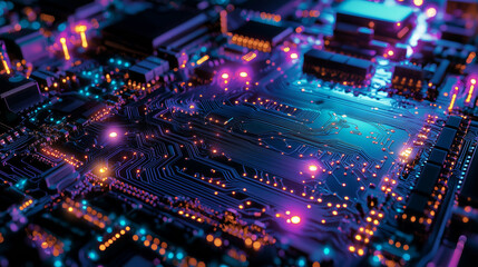 Fototapeta premium Intricate Semiconductor Pathways Glowing Under UV Light