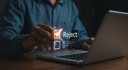 Person selecting 'Reject' option on a digital form using a stylus on a laptop