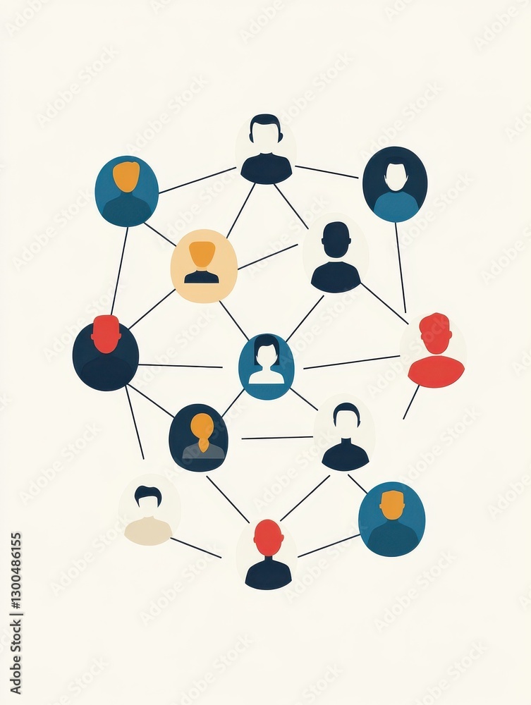 Poster a simple and minimalist style image featuring multiple icons representing people, connected by lines
