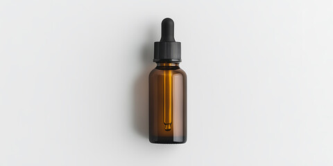 A dropper bottle with a dark amber glass body and black top is centered on a clean white background. The bottle is sleek and modern.