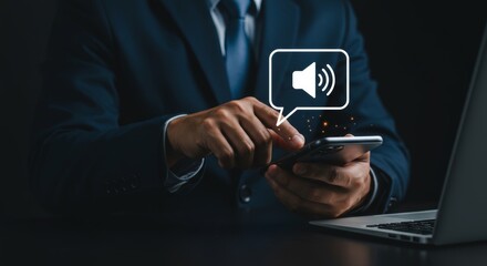 Business professional interacting with smartphone audio control via messaging app