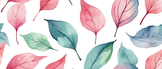 Obraz premium Watercolor Leaves Pattern with Pink and Teal Shades on White Background