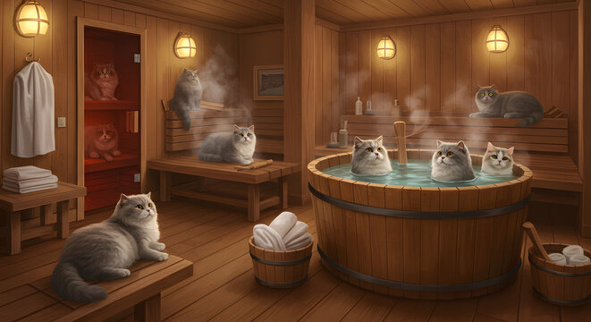 Cats Enjoying Relaxation in a Wood Sauna and Hot Tub