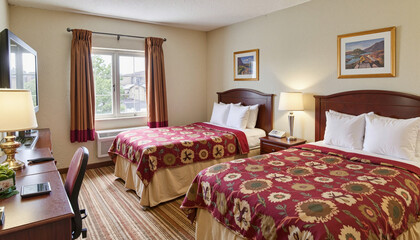Cozy hotel room with two beds and warm decor