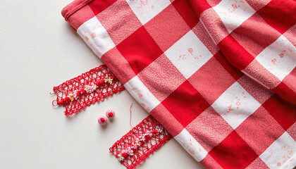Fototapeta premium Red and white checkered fabric with decorative lace and buttons