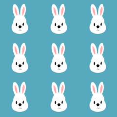 Fototapeta premium Cute seamless bunny head pattern with white fluffy rabbits, pink ears, and black facial features on a soft blue background, perfect for kids' designs, fabrics, wallpapers, or playful digital art.
