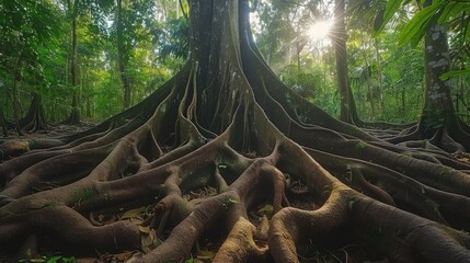 Fototapeta premium Majestic Tree Roots Surrounded by Lush Greenery and Sunlight in a Dense Forest Setting