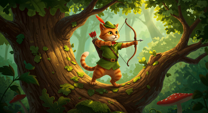 Cartoon Cat Archer Aiming Bow and Arrow in Green Forest