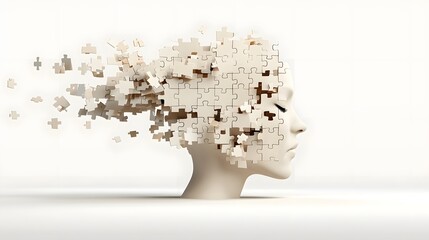 Abstract digital artwork depicting a human face dissolving into puzzle pieces representing the complexity and transformation of mental health and self discovery  The fragmented