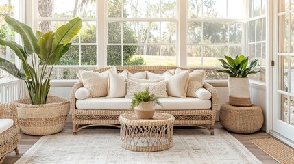 Bright Sunroom with Potted Palms and Wicker Sofa