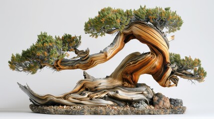 Fototapeta premium Ancient Bonsai Tree Sculpture with Intricate Wood Detail and Lush Green Foliage
