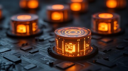 Digital circuit board hardware with flickering candles evokes a blend of technology and ancient rituals