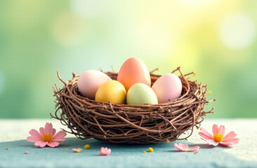 Obraz premium Colorful Easter eggs resting in a nest, warm and festive spring composition