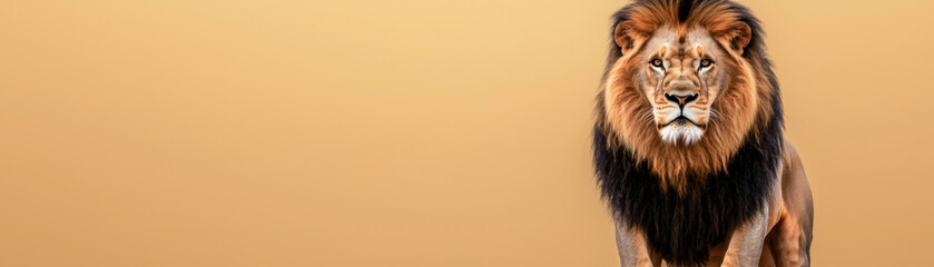 Fototapeta premium Manifest affirmation success. Majestic lion against a warm golden background.