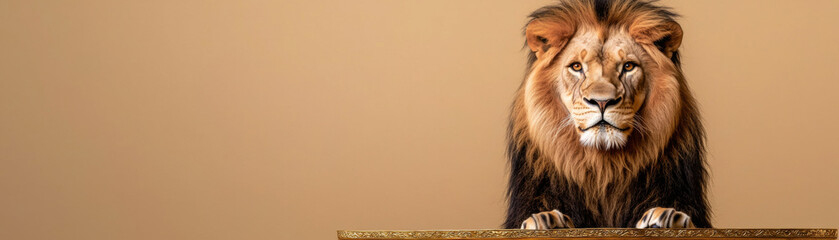 Fototapeta premium Manifest affirmation success. Majestic lion with a fierce expression against a neutral backdrop.