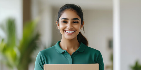A smiling woman in a white shirt holds a cardboard box, delivering a package with warmth and professionalism.