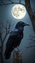 Black raven in moonlight perched on tree. Scary, creepy, gothic