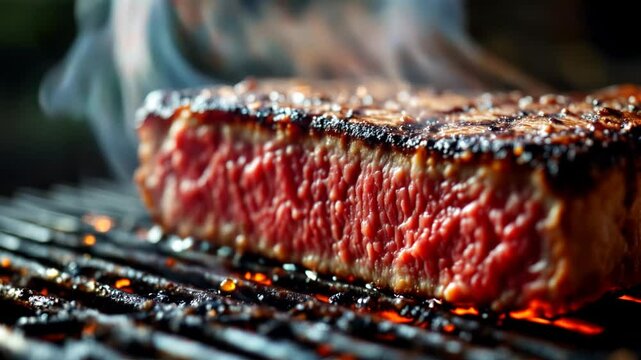 Cinematic Close-Up of Thick Juicy Steak Sizzling on Grill High Quality 4K Footage