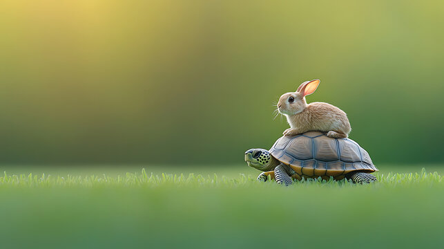 A classic tortoise and hare reimagining, where a serene rabbit rides atop a patient turtle, showcasing friendship and the beauty of slow travel.