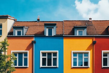 Colorful houses with red roofs and a beautiful blue sky.