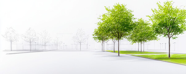Urban planning sketch featuring green trees and open space