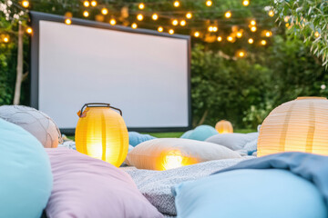 backyard movie setup with a large screen