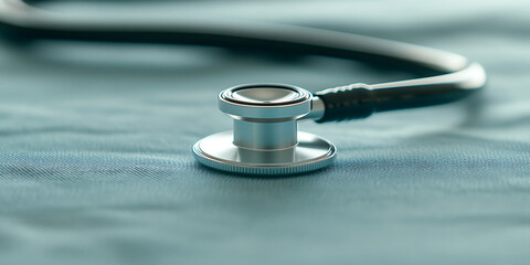 Medical stethoscope head lying on a light blue fabric background. Concept of doctor's visit, medical checkup, diagnostics, healthcare, and wellness.