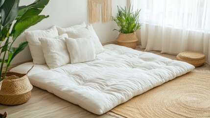 Fototapeta premium Cozy Bedroom with Natural Lighting and Soft Linens
