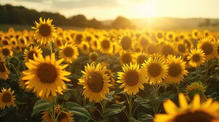 Obraz premium Vibrant Sunflower Field Under Golden Sunset with Lush Green Foliage and Clear Skies