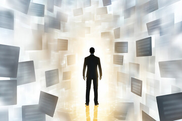 Mysterious figure standing in glowing data vortex amidst floating documents in a surreal digital landscape