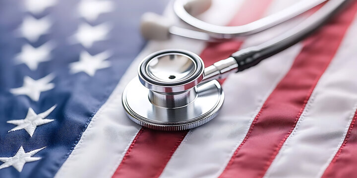 Healthcare in America: Stethoscope resting on a US flag, symbolizing medical access and policy. A nation's health and its commitment to well-being.