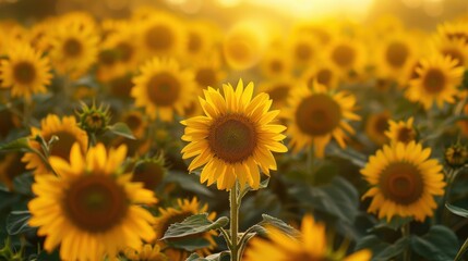 Obraz premium Vibrant Sunflower Field at Sunrise with Bright Yellow Blooms and Gentle Sunlight