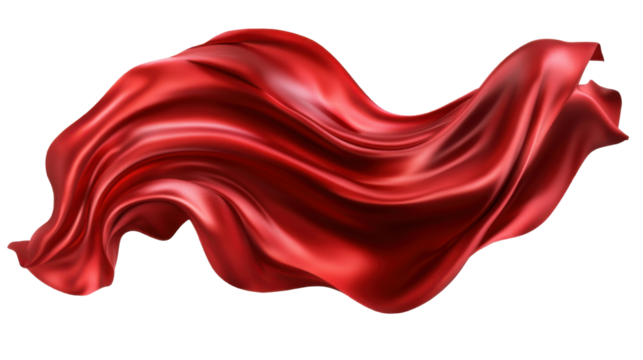 red satin fabric with flowing fold isolated on white background