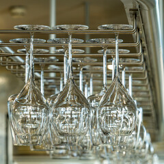 Group of wine glasses hanging upside down above a bar rack in pub or restaurant. Glasses for wine on a bar with serving items.