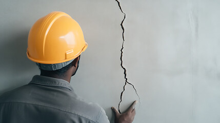 Construction worker inspecting a crack in a wall. Professional in hardhat assessing structural damage to building. Safety and inspection protocols.
