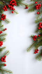Christmas frame made of fir branches, red berries. Christmas wallpaper. Flat lay, top view, copy space, Dreamy. with white shades