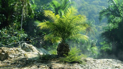 Lush Green Palm Plant Thriving on Rocky Terrain Amidst a Verdant Tropical Landscape