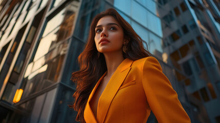 Fototapeta premium young indian woman wearing yellow suit standing at street