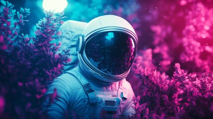 Naklejka premium Astronaut exploring vibrant alien landscape filled with colorful plants and glowing elements during a cosmic journey.