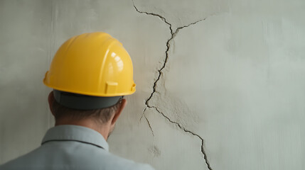 Structural damage assessment by inspector. A building professional examines cracks in a wall, assessing the structural integrity of the building.