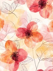Fototapeta premium Abstract spring season floral Background. Warm tone blossom wallpaper design with wild flowers, blooms and leaves. Line art and watercolor texture perfect for banner, prints, wall art, decoration.