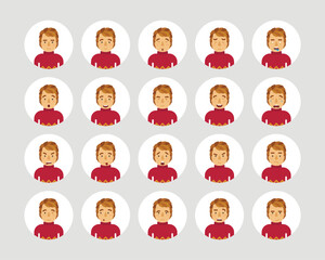 Vector young adult man avatars and emoticons set in flat style, front view.