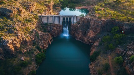 Obraz premium Waterfall cascading over a dam surrounded by rocky cliffs and lush greenery capturing natures beauty in a serene landscape scene aerial view.