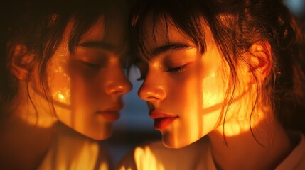 Generative AI-crafted image of a contemplative young woman with her reflection in a glass surface, illuminated by a warm, golden light.