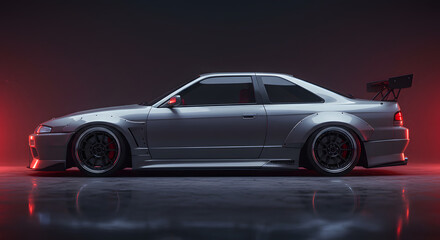 Fototapeta premium Sleek Silver Sports Car Side View with Aggressive Body Kit and Spoiler