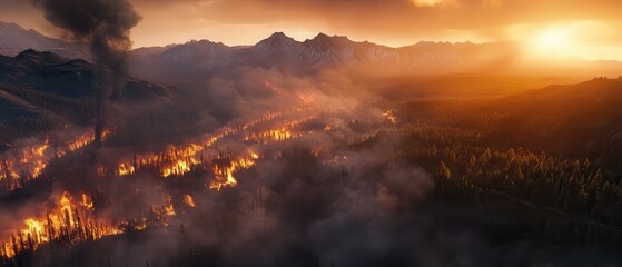 Wildfire burning forest landscape at sunset with smoke rising over mountains and dramatic sky showcasing natures impact on environment and ecosystems.