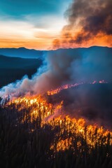 Fototapeta premium Wildfire burning in forest during sunset, smoke rising over trees, environmental disaster, natureâ€™s fury, fire in wilderness, ecological impact, dramatic landscape.